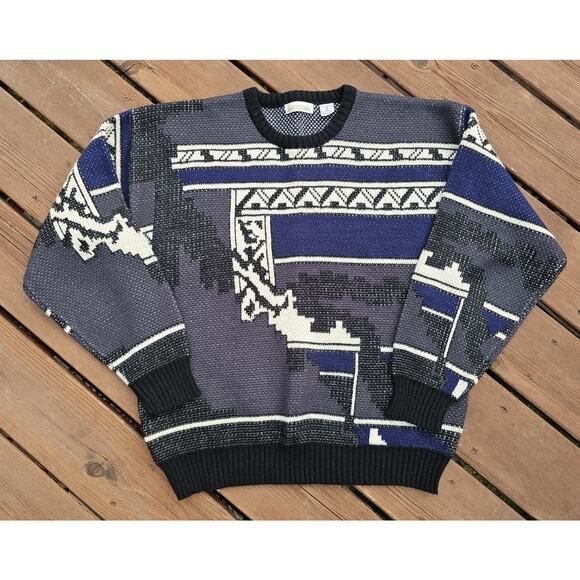 Vintage Piermonte 90s Geometric Crewneck Sweater XL Cosby Grandpa Retro - Picture 1 of 5